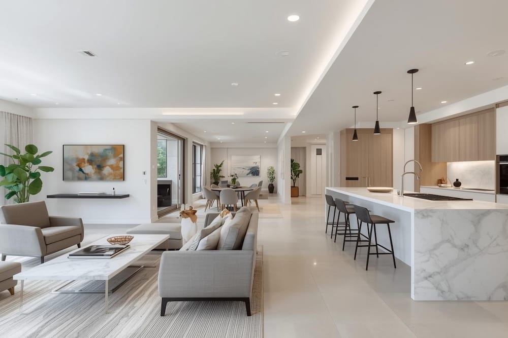 A bright, modern open-plan living space with a neutral-colored living room, dining area, and sleek kitchen featuring a large island, clean lines, and soft natural light.