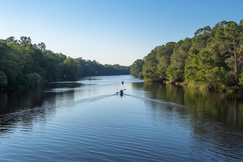 Serene Oklawaha River views, featuring calm, reflective water with gentle ripples, a few kayaks, paddling, peacefully, and lush, wooded river banks draped in greenery.