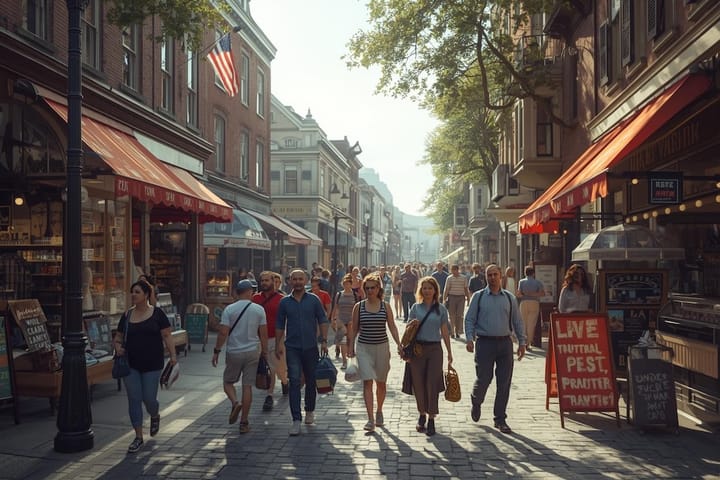 A busy downtown street with brick buildings and shop awnings is filled with people walking in both directions under soft daylight, creating a lively, small-city atmosphere.