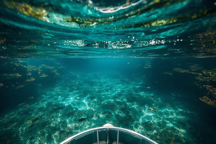 A glass bottom boat glides serenely over the crystal clear, turquoise Waters of Silver Springs.