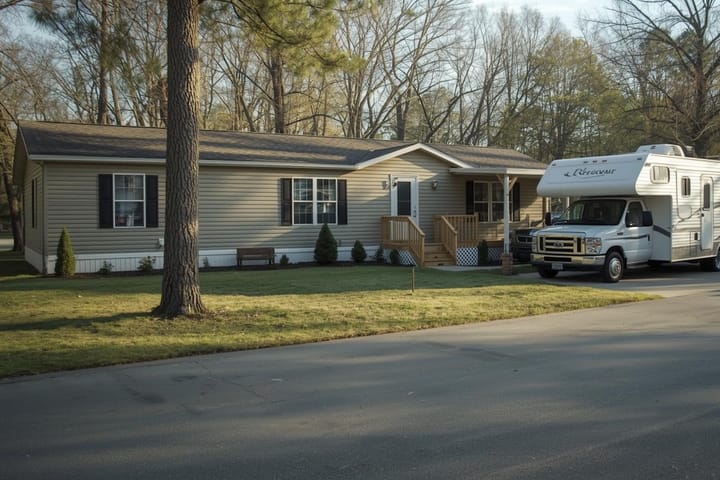 A beige mobile home with dark shutters and a white RV parked beside it in a wooded setting.