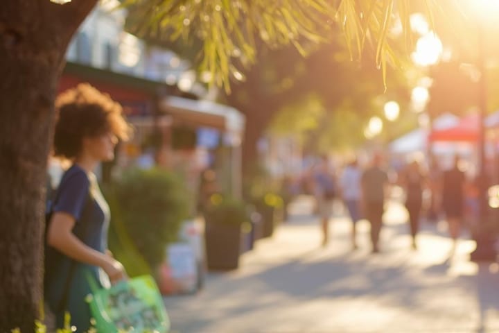 A sunny downtown Ocala street with palm trees, shops, and people enjoying the farmers market.