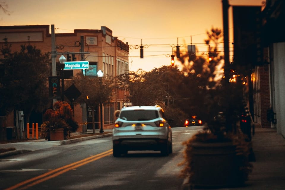 Picture of a car driving in downtown Ocala Florida approaching Magnolia Avenue