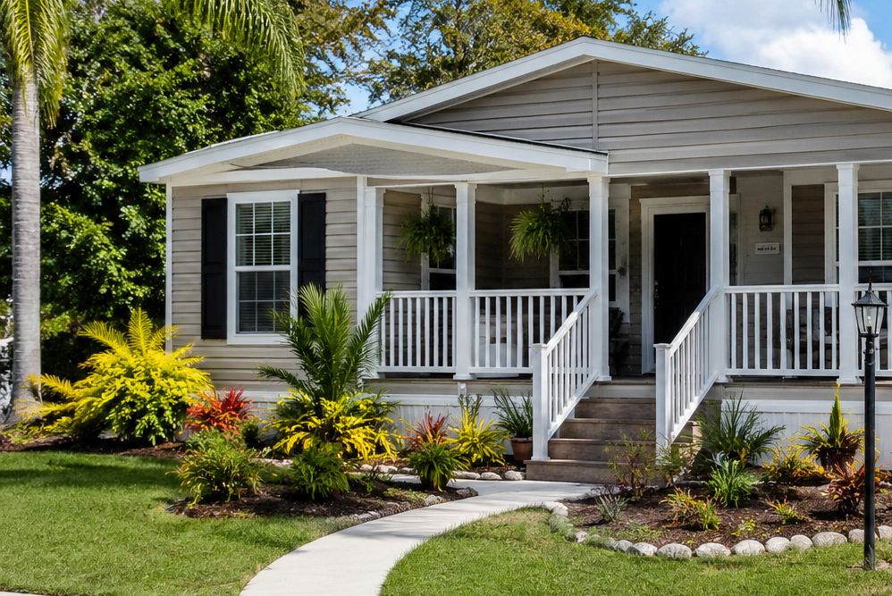 A well-maintained gray manufactured home in Florida with a white-railed front porch, black shutters, and lush tropical landscaping under a partly cloudy sky.