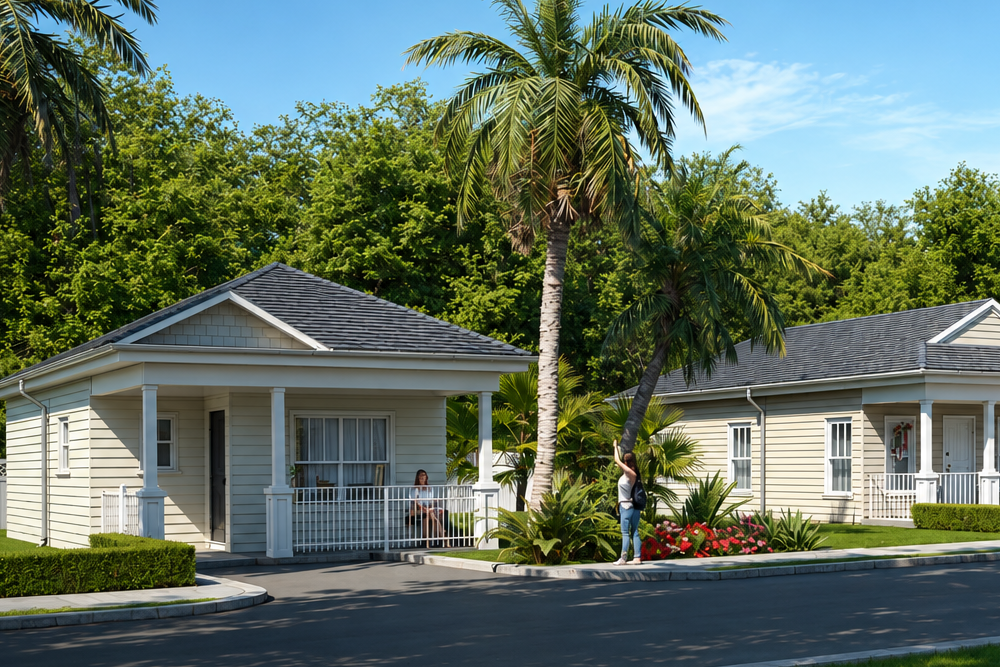 Two cream-colored bungalow homes with white porches sit along a quiet street lined with palm trees and flowering shrubs.