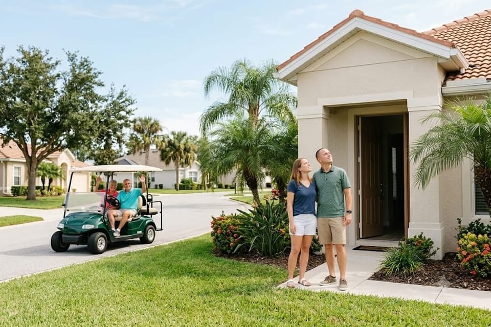 Two couples on a sunny afternoon in a Florida community, with one couple waving from a golf cart while the other looks at a new home.