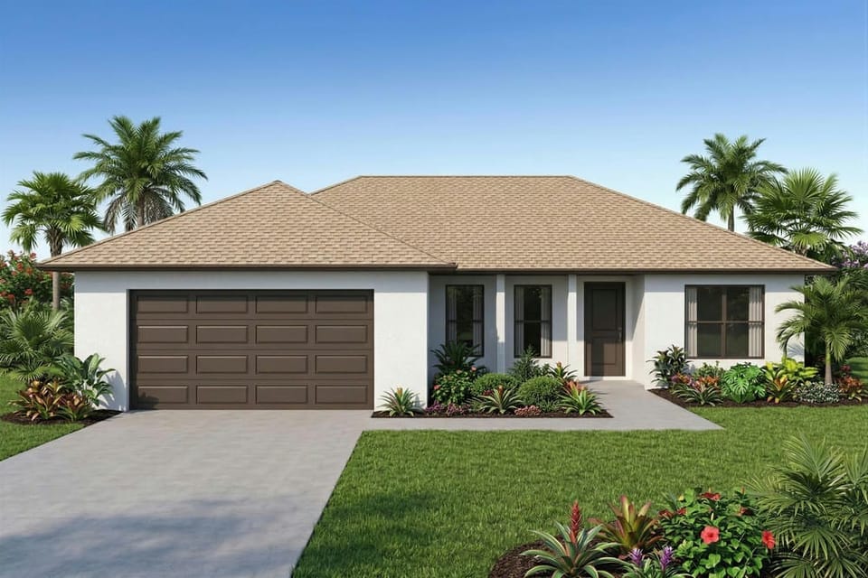 A single-story white stucco home with a tan roof and two-car garage, palm trees on either side.