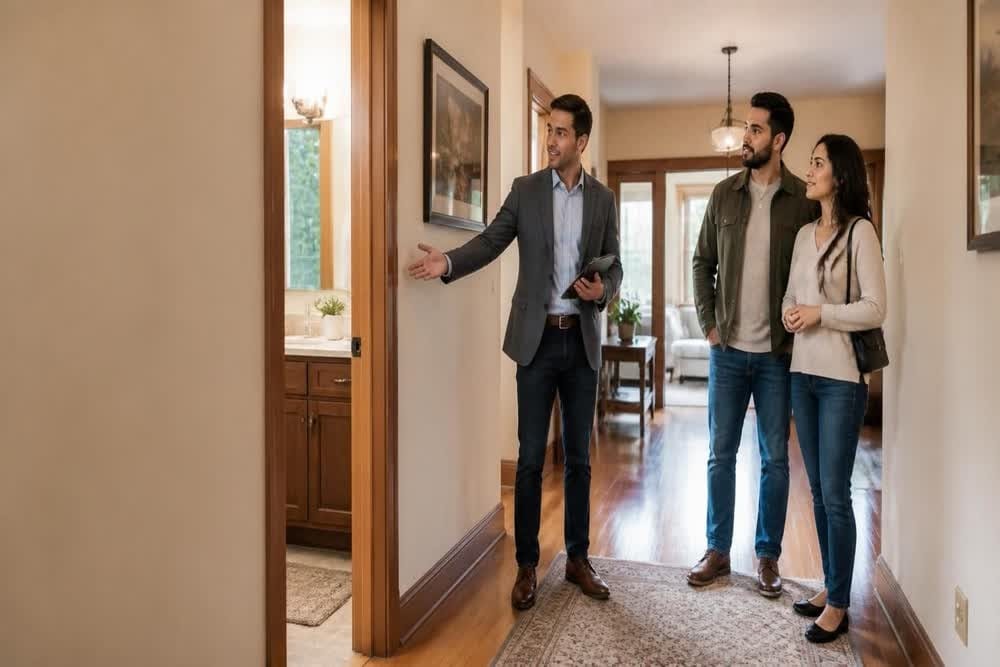 A realtor guides a couple through a warm, traditional home.