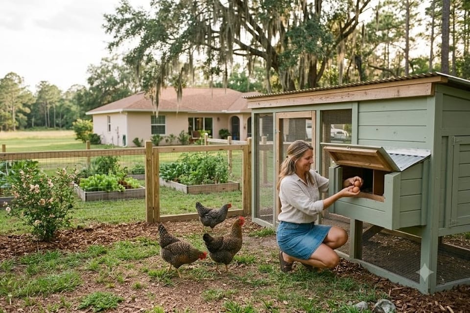 A woman smiles as she gathers fresh eggs from a wooden coop in a sunny, fenced backyard with chickens roaming nearby.