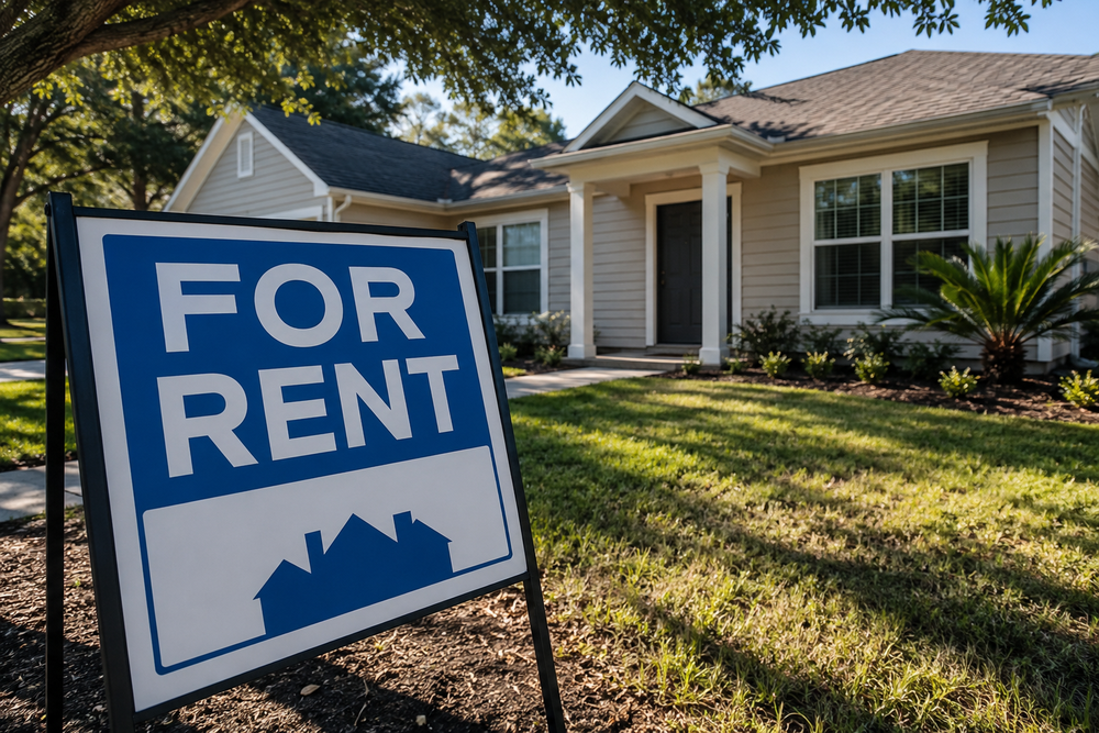 A blue and white "For Rent" sign stands in front of a tan single-story house with a shaded, tree-lined front yard.