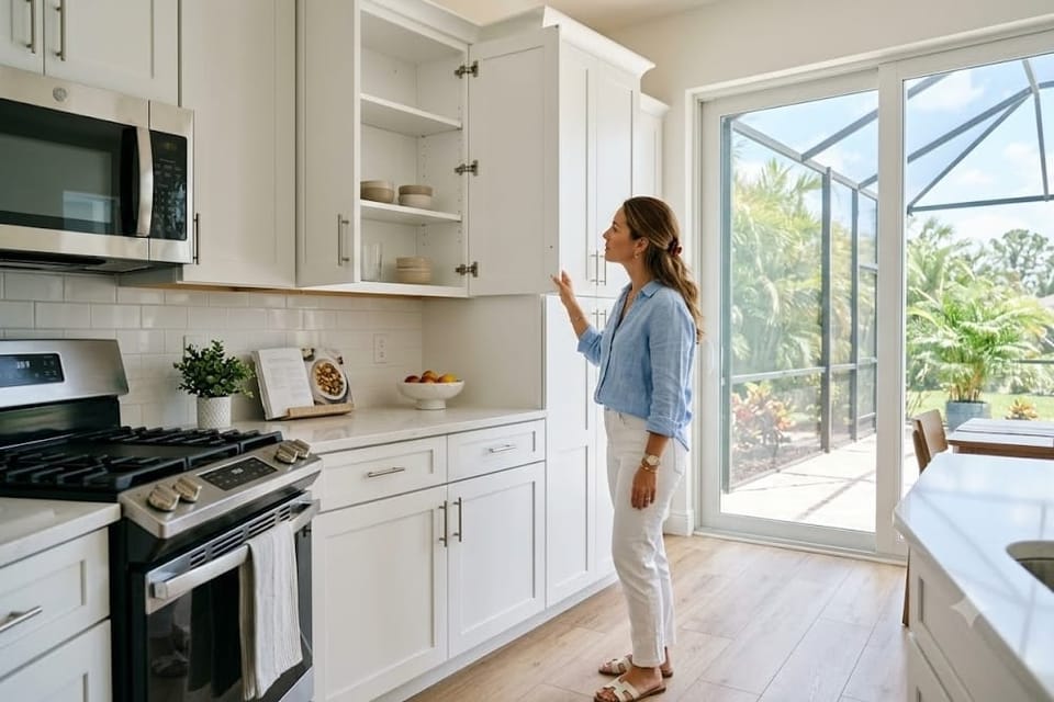 A woman gently opens a white kitchen cabinet during a home walkthrough in a bright, sunlit room.