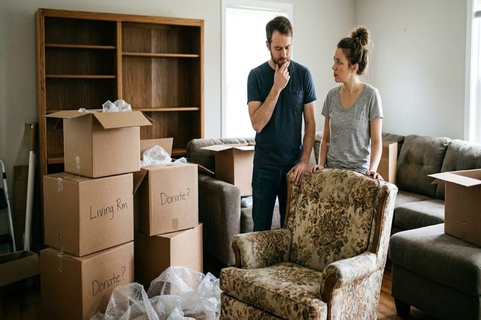 A couple stands amid moving boxes, looking thoughtfully at an old floral armchair.
