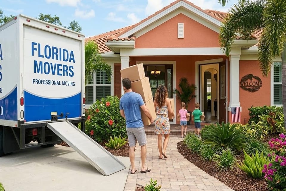 A family carries boxes into their new home as a moving truck waits outside.