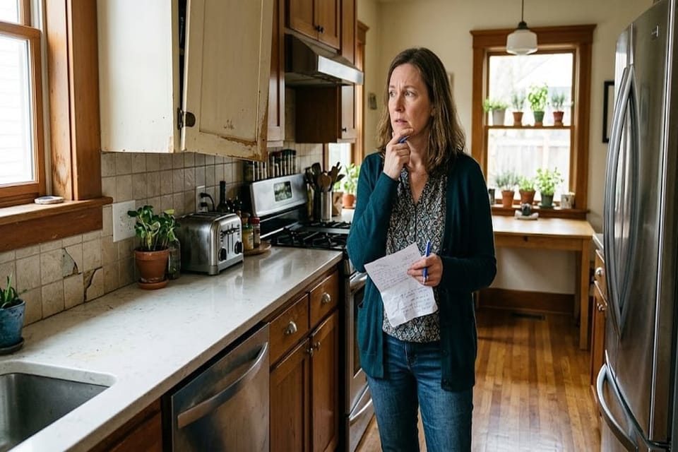A middle-aged woman stands in a kitchen with minor repairs needed, thoughtfully contemplating her home.