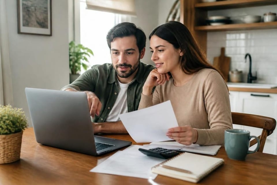 A smiling couple looks at a laptop and papers at a kitchen table.